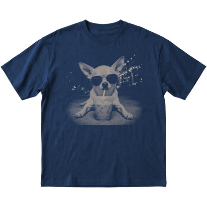 Chihuahua wearing aviator sunglasses and drinking iced coffee on a Navy Gildan Softstyle T-Shirt, flat lay view
