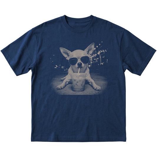 Chihuahua wearing aviator sunglasses and drinking iced coffee on a Navy Gildan Softstyle T-Shirt, flat lay view