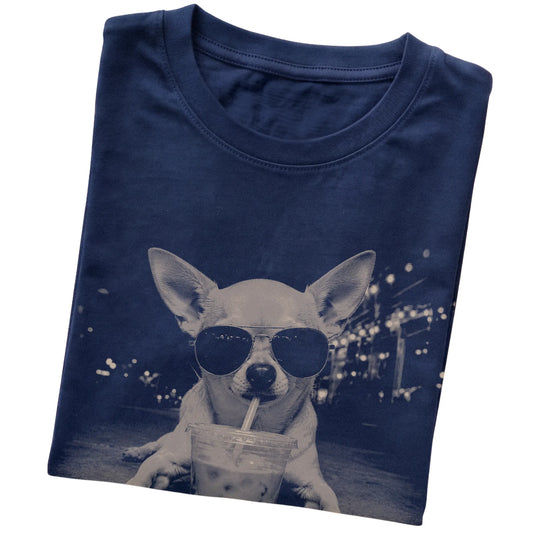 Chihuahua wearing aviator sunglasses and drinking iced coffee on a Navy Gildan Softstyle T-Shirt, folded view