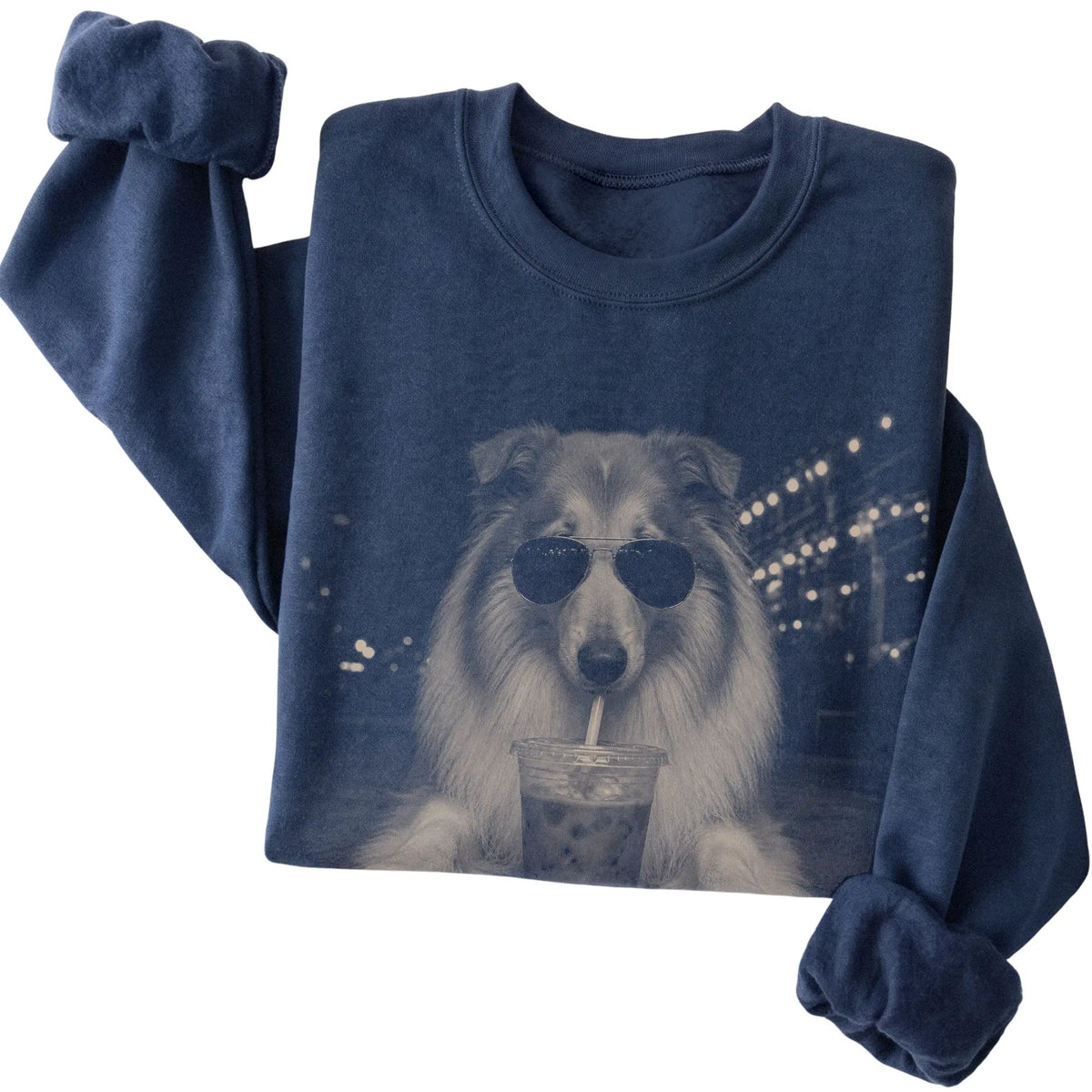 Collie wearing aviator sunglasses and drinking iced coffee on a Navy Gildan Heavy Blend Crewneck Sweatshirt, folded view