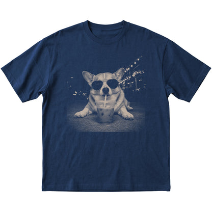 Corgi wearing aviator sunglasses and drinking iced coffee on a Navy Gildan Softstyle T-Shirt, flat lay view