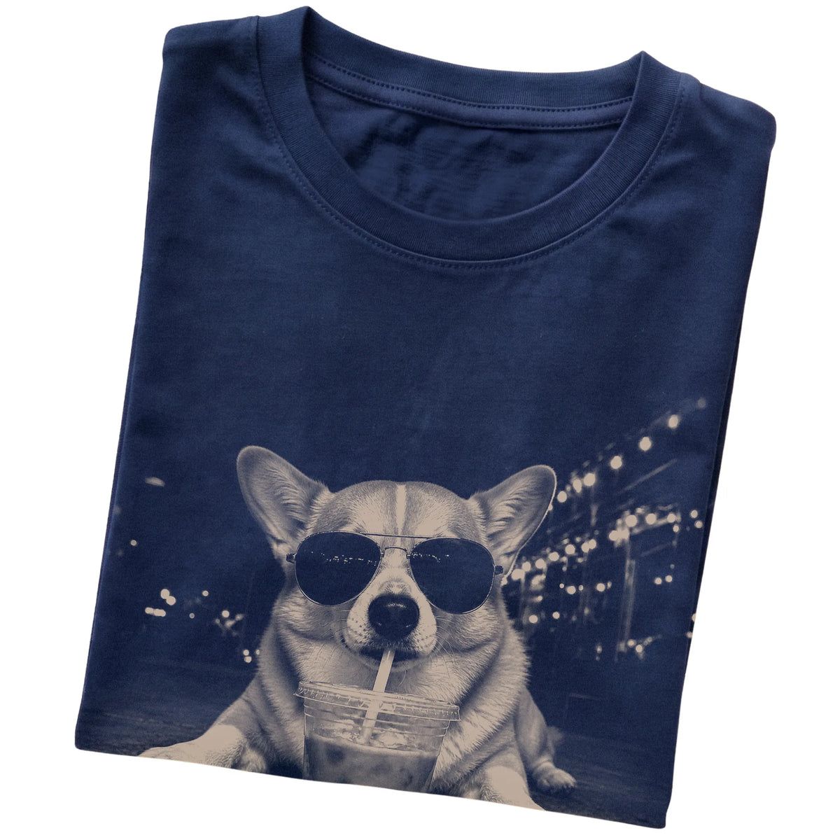 Corgi wearing aviator sunglasses and drinking iced coffee on a Navy Gildan Softstyle T-Shirt, folded view
