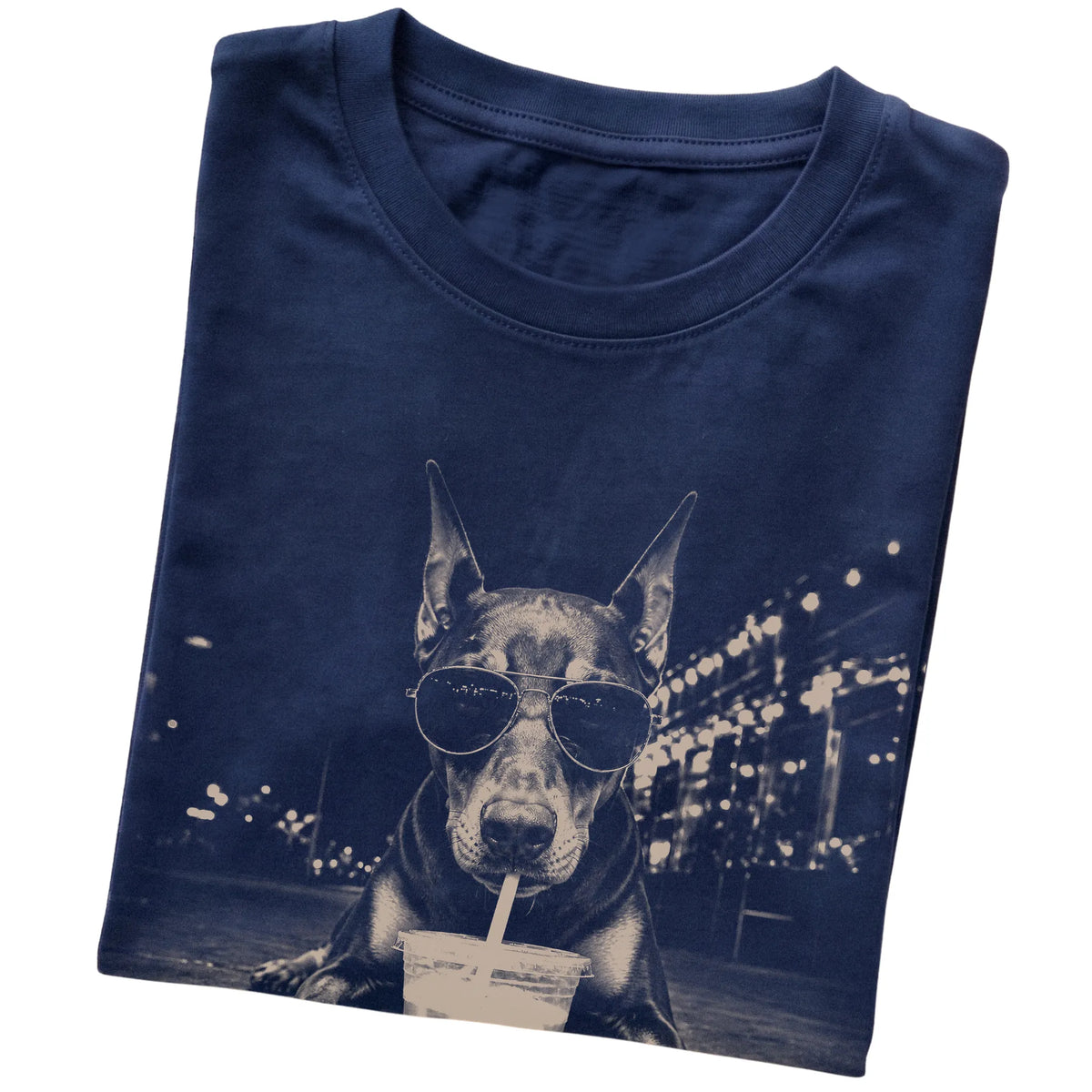 Doberman wearing aviator sunglasses and drinking iced coffee on a Navy Gildan Softstyle T-Shirt, folded view