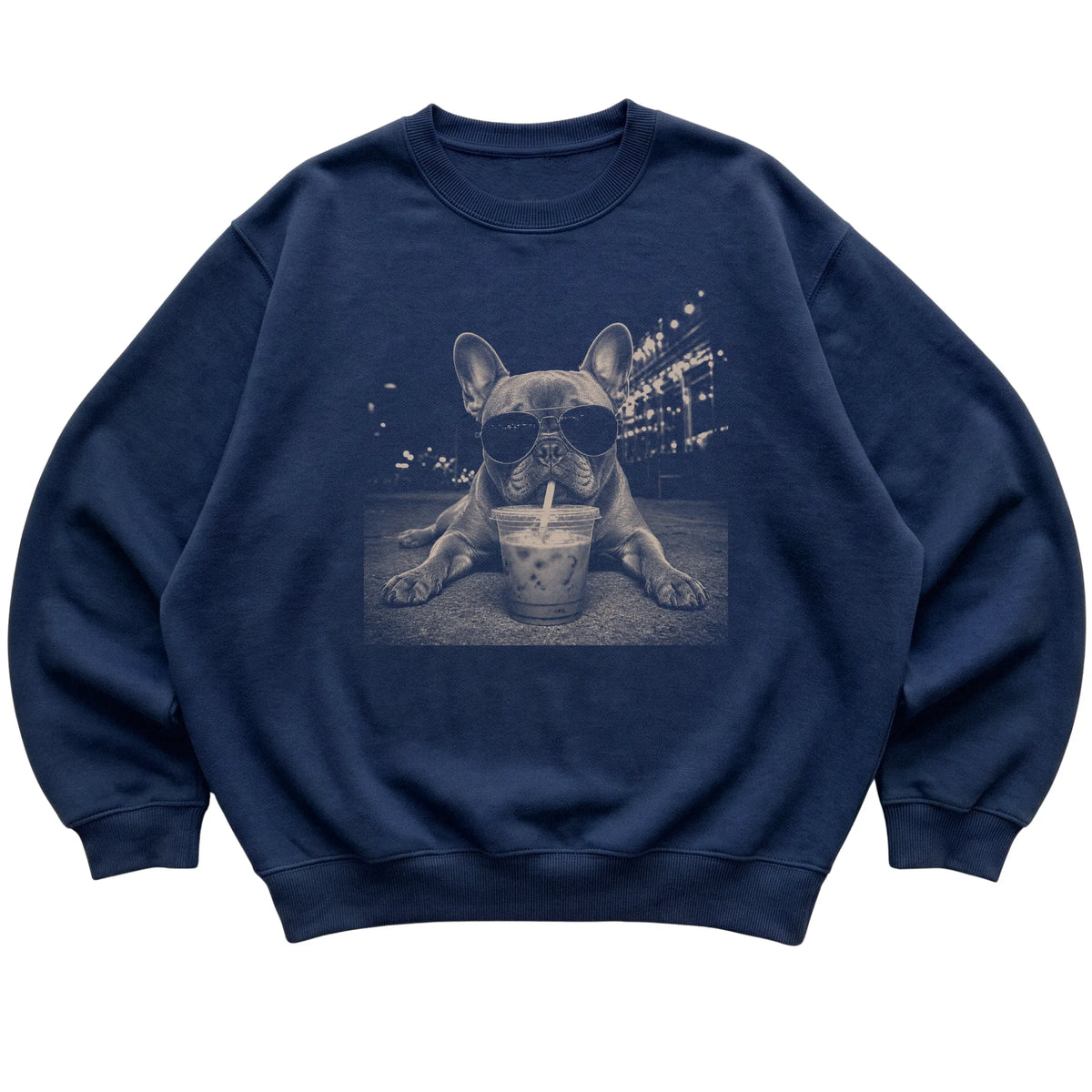 French Bulldog wearing aviator sunglasses and drinking iced coffee on a Navy Gildan Heavy Blend Crewneck Sweatshirt, flat lay view