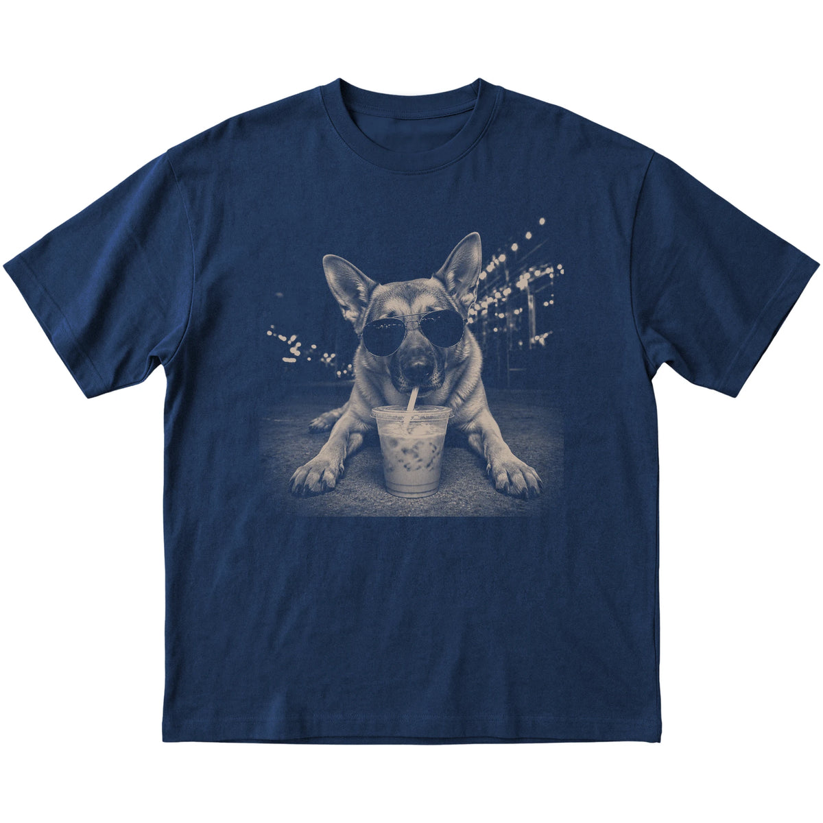 German Shepherd wearing aviator sunglasses and drinking iced coffee on a Navy Gildan Softstyle T-Shirt, flat lay view