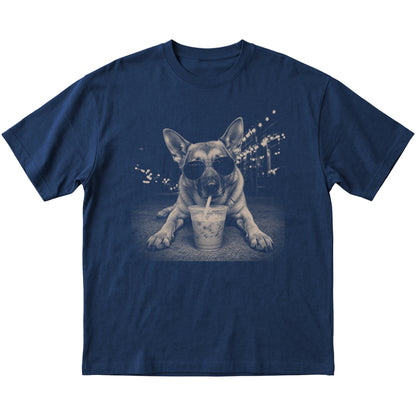German Shepherd wearing aviator sunglasses and drinking iced coffee on a Navy Gildan Softstyle T-Shirt, flat lay view