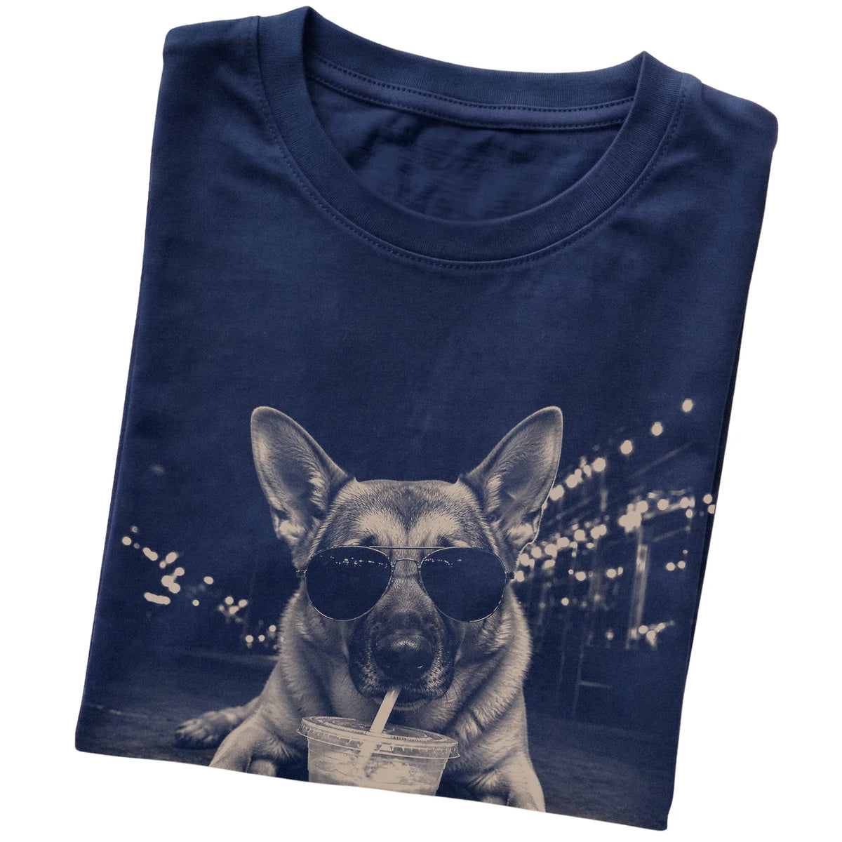 German Shepherd wearing aviator sunglasses and drinking iced coffee on a Navy Gildan Softstyle T-Shirt, folded view