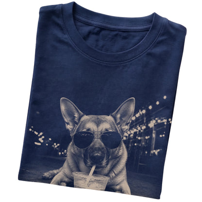 German Shepherd wearing aviator sunglasses and drinking iced coffee on a Navy Gildan Softstyle T-Shirt, folded view