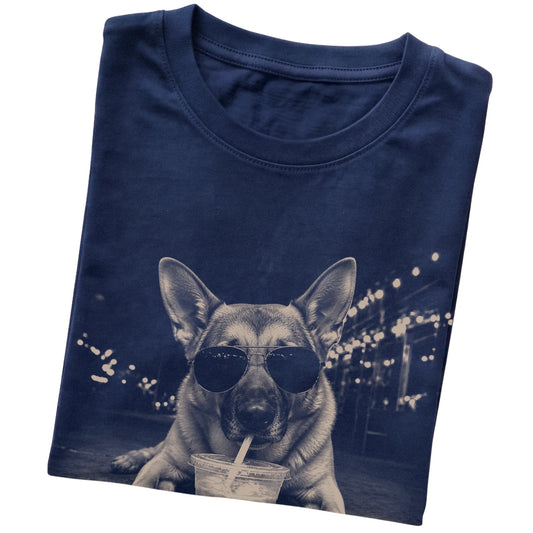 German Shepherd wearing aviator sunglasses and drinking iced coffee on a Navy Gildan Softstyle T-Shirt, folded view