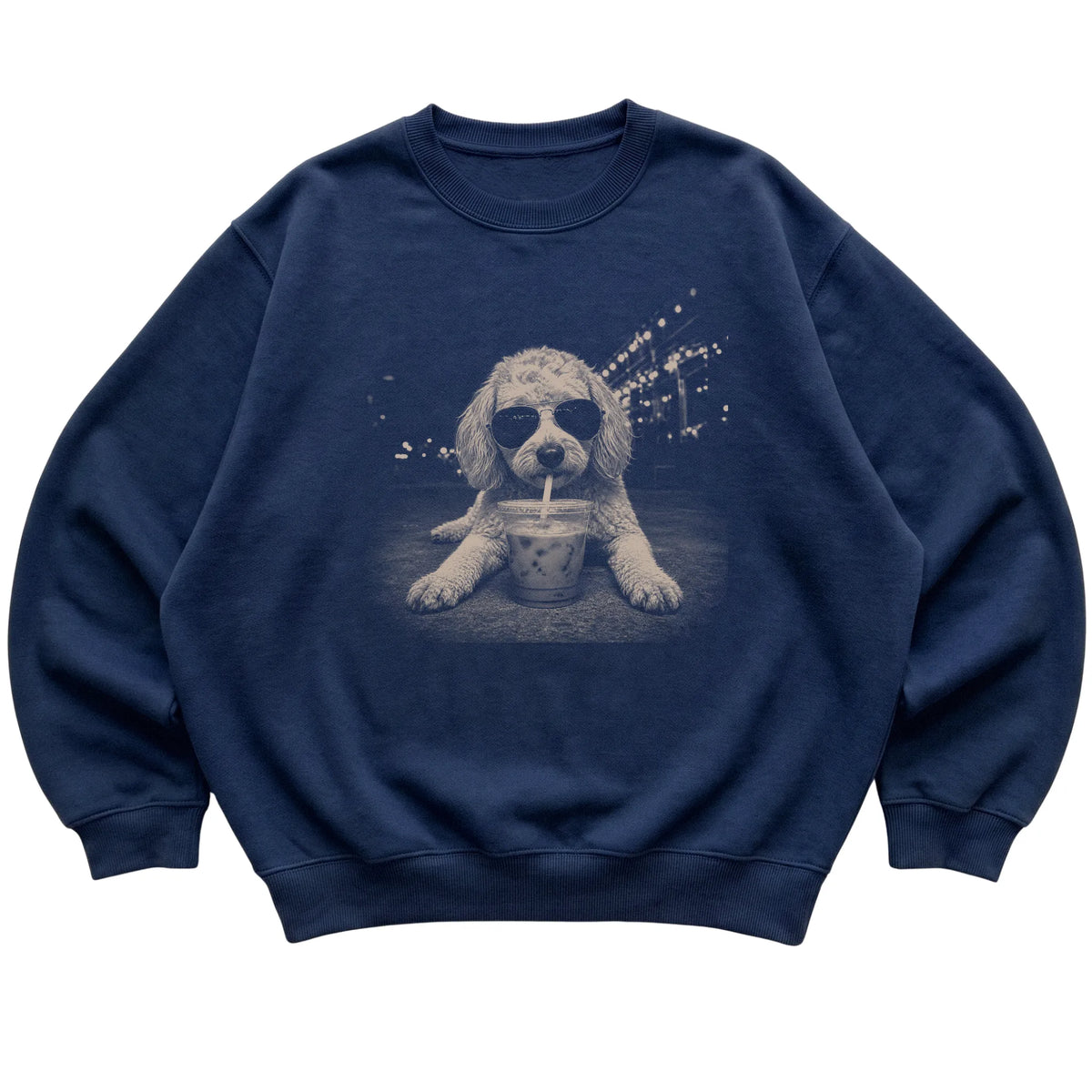 Goldendoodle wearing aviator sunglasses and drinking iced coffee on a Navy Gildan Heavy Blend Crewneck Sweatshirt, flat lay view
