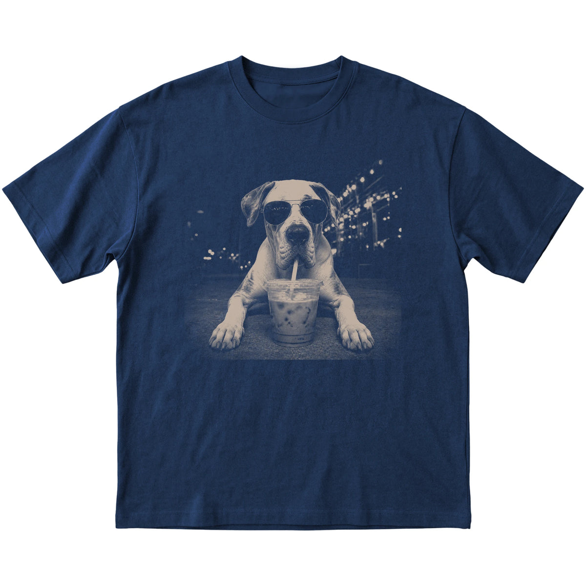 Great Dane wearing aviator sunglasses and drinking iced coffee on a Navy Gildan Softstyle T-Shirt, flat lay view