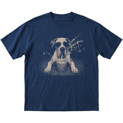 Great Dane wearing aviator sunglasses and drinking iced coffee on a Navy Gildan Softstyle T-Shirt, flat lay view