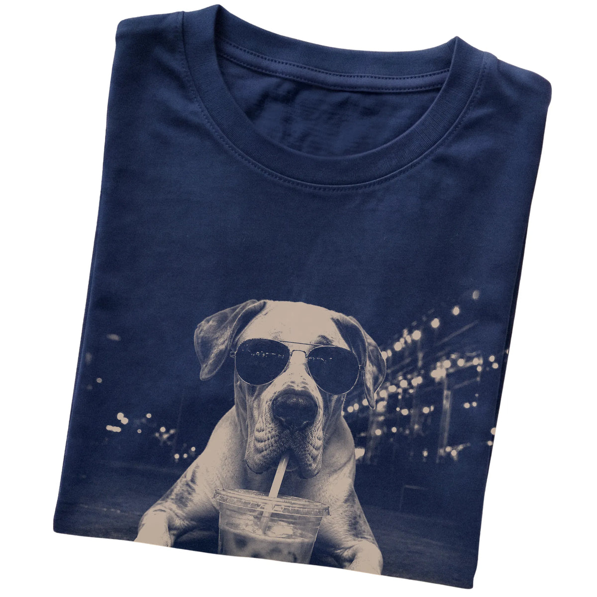 Great Dane wearing aviator sunglasses and drinking iced coffee on a Navy Gildan Softstyle T-Shirt, folded view