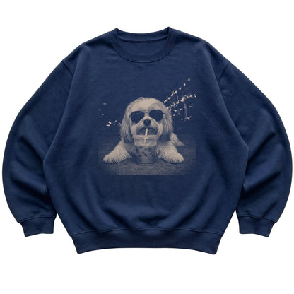 Havanese wearing aviator sunglasses and drinking iced coffee on a Navy Gildan Heavy Blend Crewneck Sweatshirt, flat lay view