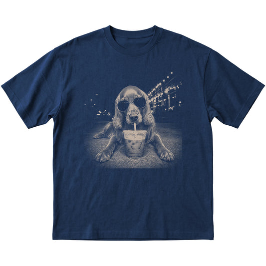 Irish Setter wearing aviator sunglasses and drinking iced coffee on a Navy Gildan Softstyle T-Shirt, flat lay view