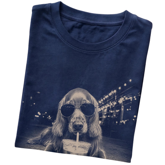 Irish Setter wearing aviator sunglasses and drinking iced coffee on a Navy Gildan Softstyle T-Shirt, folded view