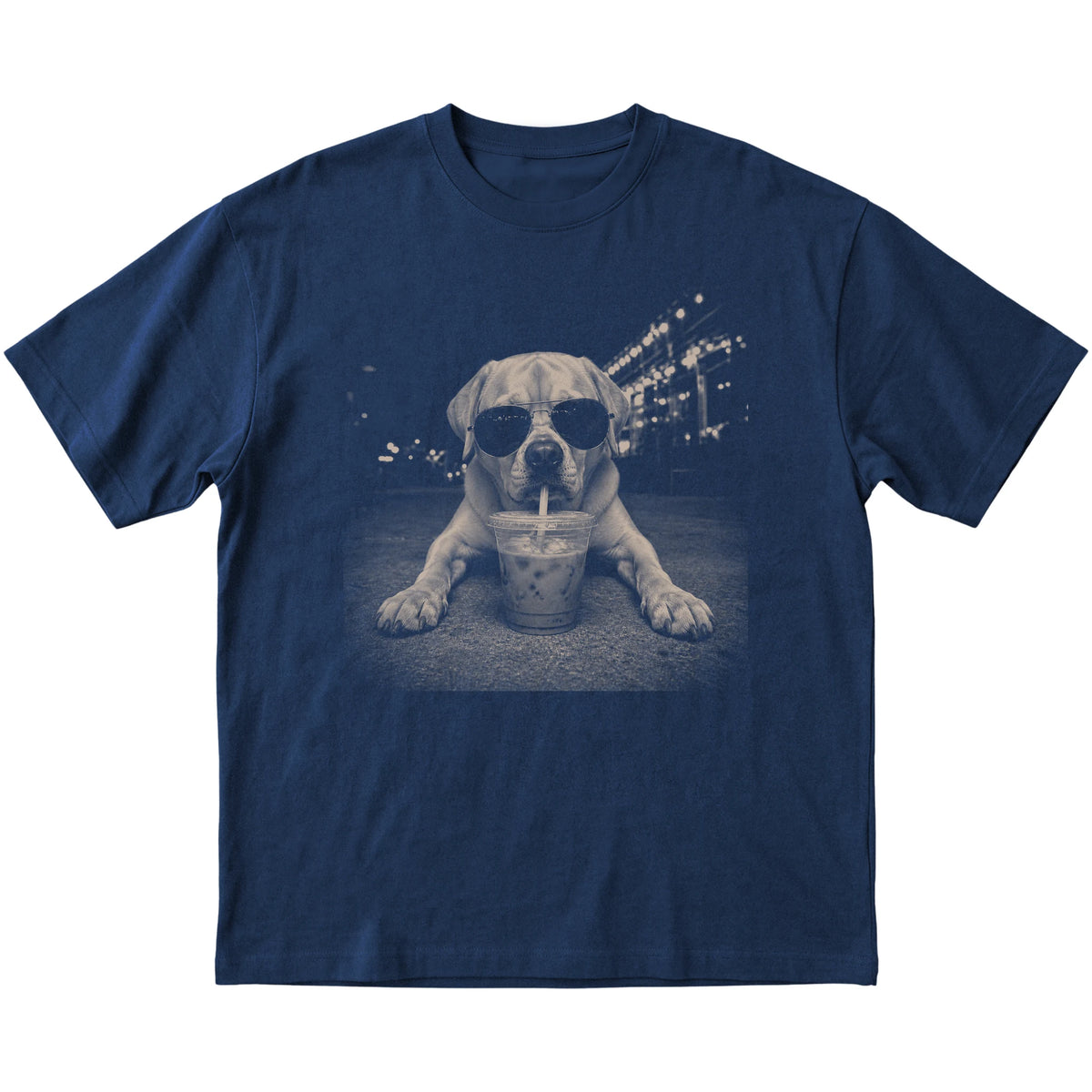 Labrador Retriever wearing aviator sunglasses and drinking iced coffee on a Navy Gildan Softstyle T-Shirt, flat lay view