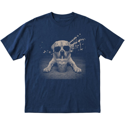 Labrador Retriever wearing aviator sunglasses and drinking iced coffee on a Navy Gildan Softstyle T-Shirt, flat lay view