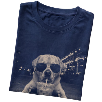 Labrador Retriever wearing aviator sunglasses and drinking iced coffee on a Navy Gildan Softstyle T-Shirt, folded view