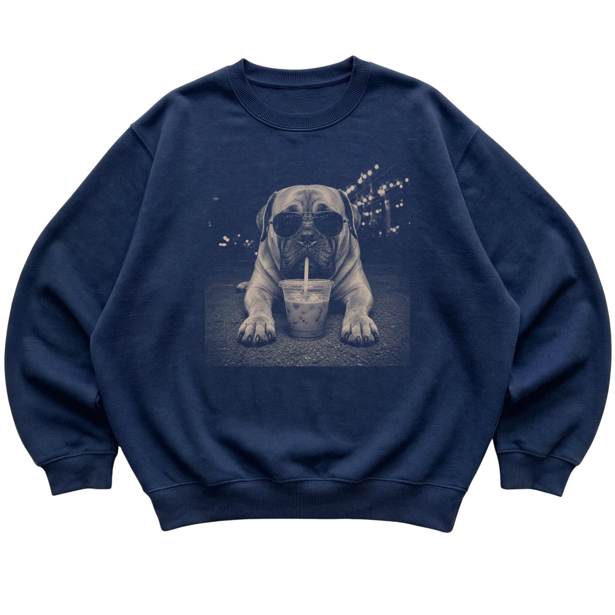 Mastiff wearing aviator sunglasses and drinking iced coffee on a Navy Gildan Heavy Blend Crewneck Sweatshirt, flat lay view
