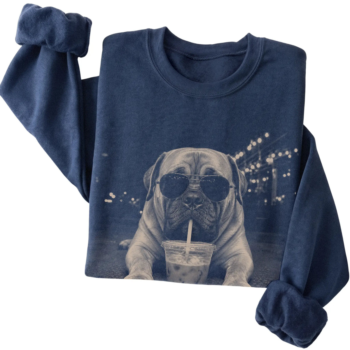 Mastiff wearing aviator sunglasses and drinking iced coffee on a Navy Gildan Heavy Blend Crewneck Sweatshirt, folded view