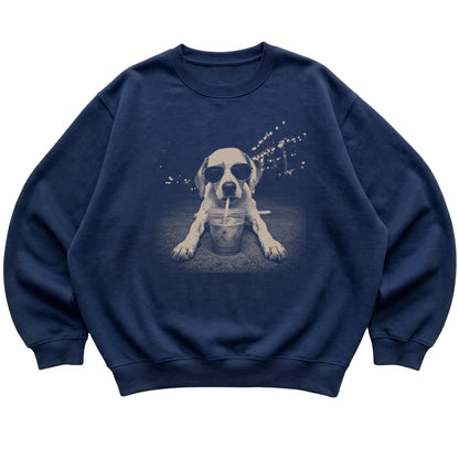 Pointer wearing aviator sunglasses and drinking iced coffee on a Navy Gildan Heavy Blend Crewneck Sweatshirt, flat lay view