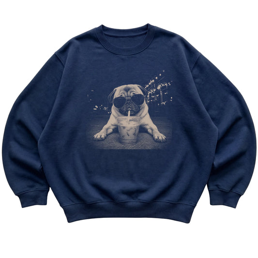 Pug wearing aviator sunglasses and drinking iced coffee on a Navy Gildan Heavy Blend Crewneck Sweatshirt, flat lay view