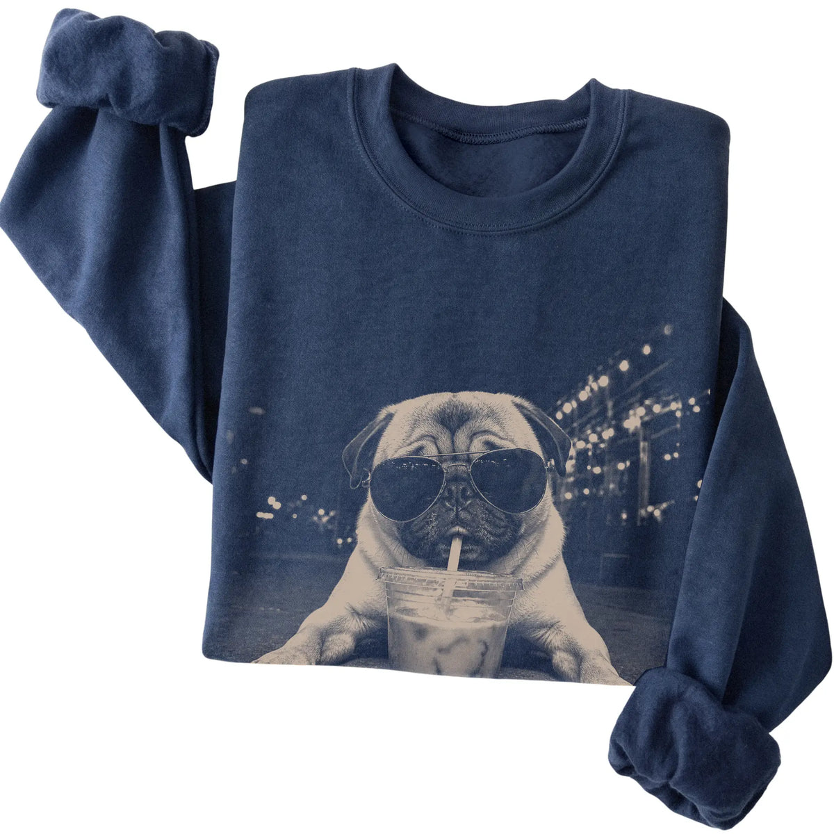 Pug wearing aviator sunglasses and drinking iced coffee on a Navy Gildan Heavy Blend Crewneck Sweatshirt, folded view