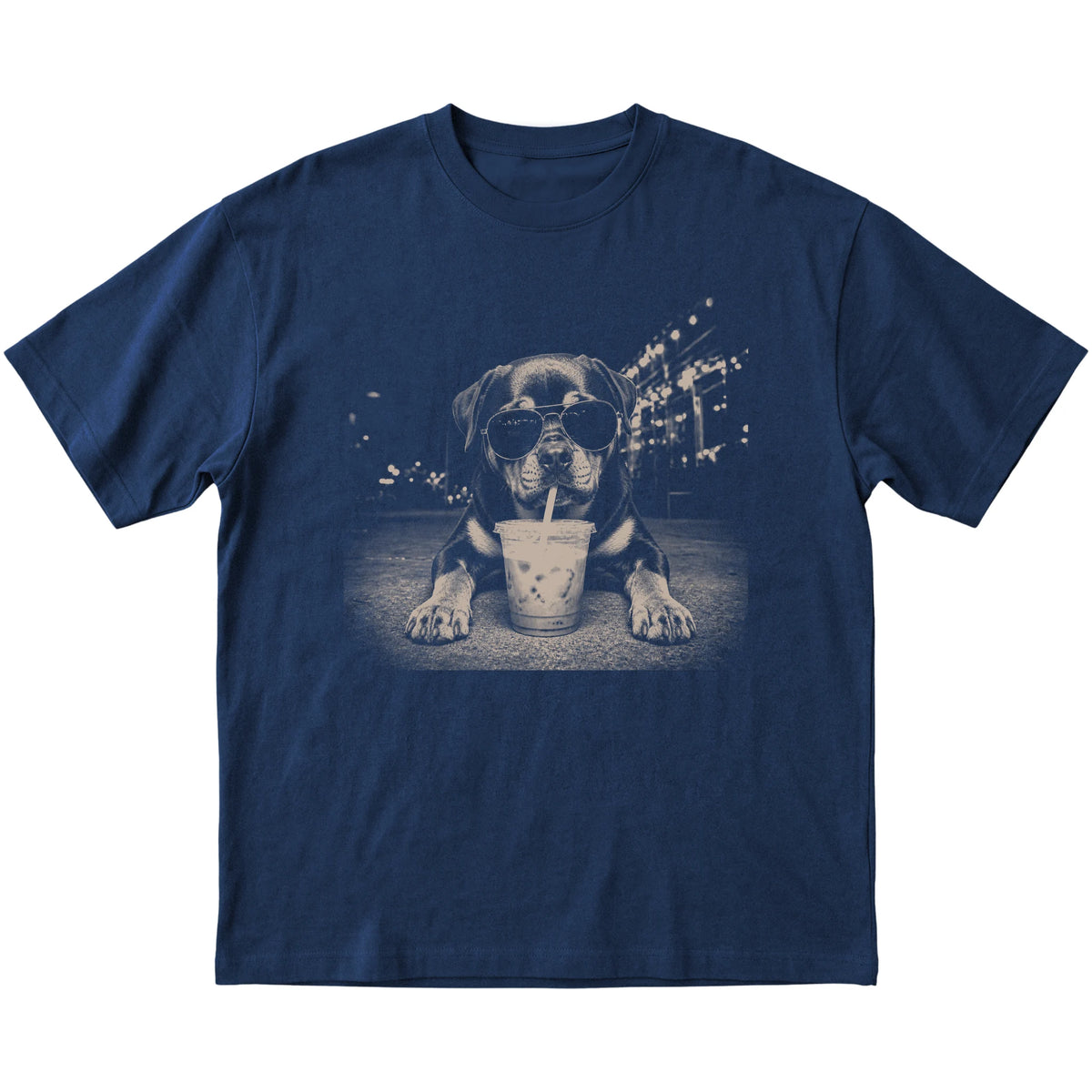 Rottweiler wearing aviator sunglasses and drinking iced coffee on a Navy Gildan Softstyle T-Shirt, flat lay view