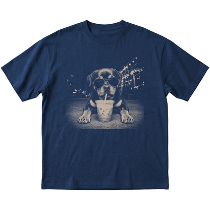Rottweiler wearing aviator sunglasses and drinking iced coffee on a Navy Gildan Softstyle T-Shirt, flat lay view