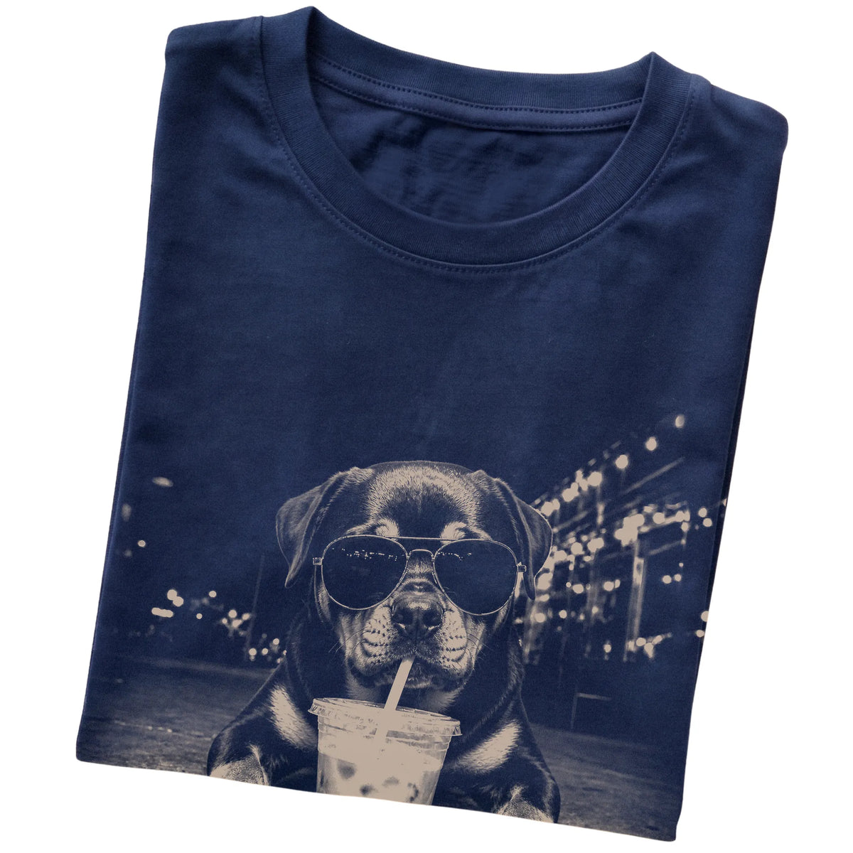 Rottweiler wearing aviator sunglasses and drinking iced coffee on a Navy Gildan Softstyle T-Shirt, folded view