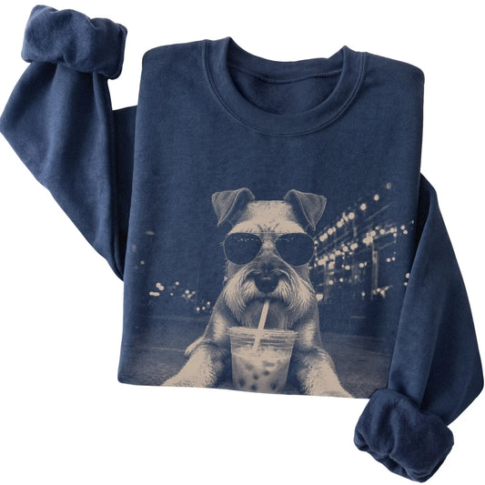 Schnauzer wearing aviator sunglasses and drinking iced coffee on a Navy Gildan Heavy Blend Crewneck Sweatshirt, folded view