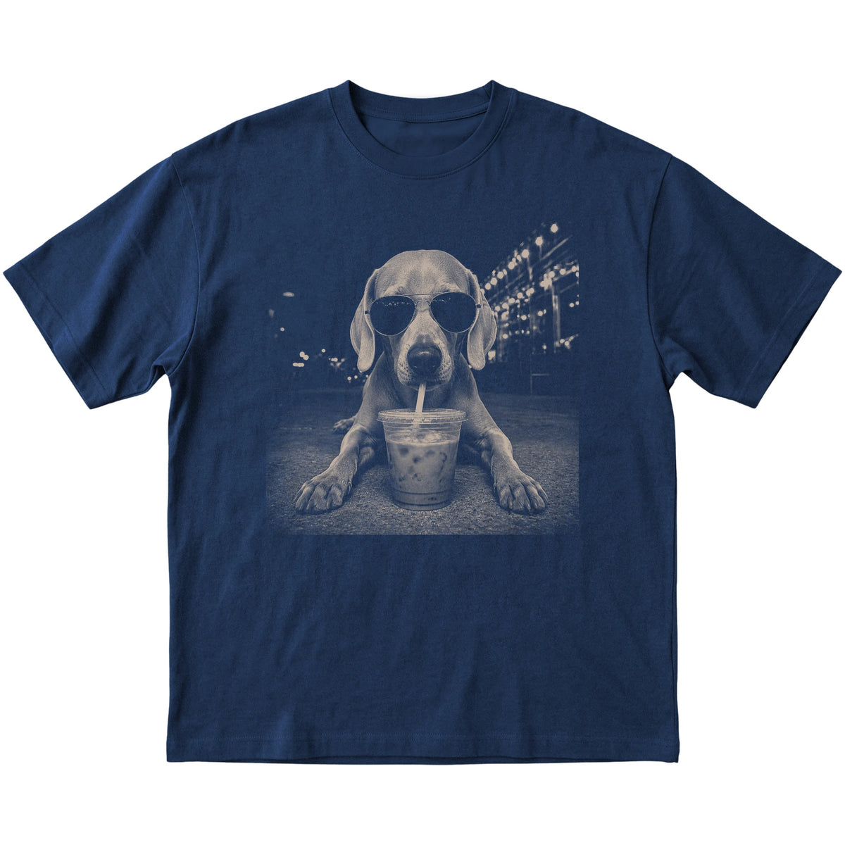 Weimaraner wearing aviator sunglasses and drinking iced coffee on a Navy Gildan Softstyle T-Shirt, flat lay view