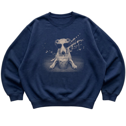 Whippet wearing aviator sunglasses and drinking iced coffee on a Navy Gildan Heavy Blend Crewneck Sweatshirt, flat lay view