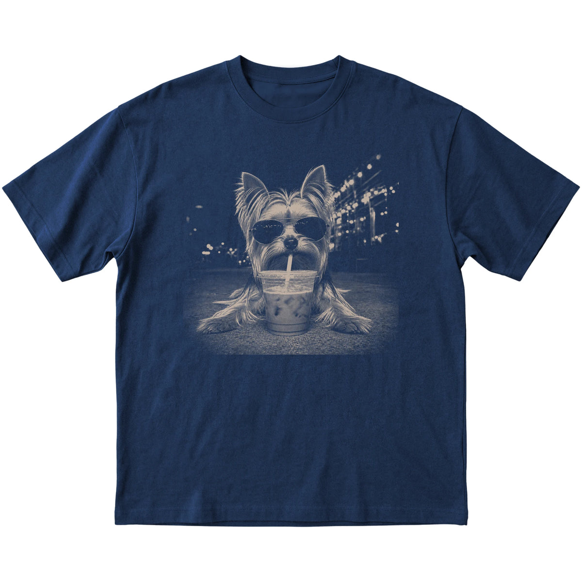 Yorkshire Terrier wearing aviator sunglasses and drinking iced coffee on a Navy Gildan Softstyle T-Shirt, flat lay view