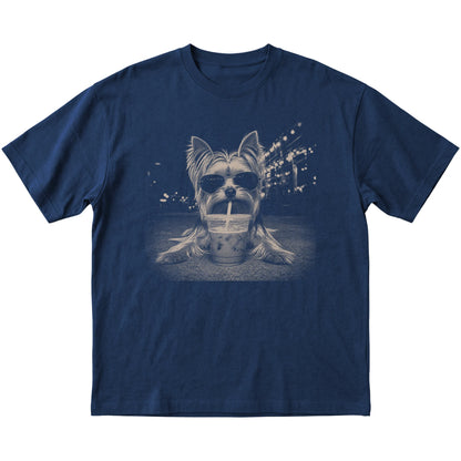Yorkshire Terrier wearing aviator sunglasses and drinking iced coffee on a Navy Gildan Softstyle T-Shirt, flat lay view