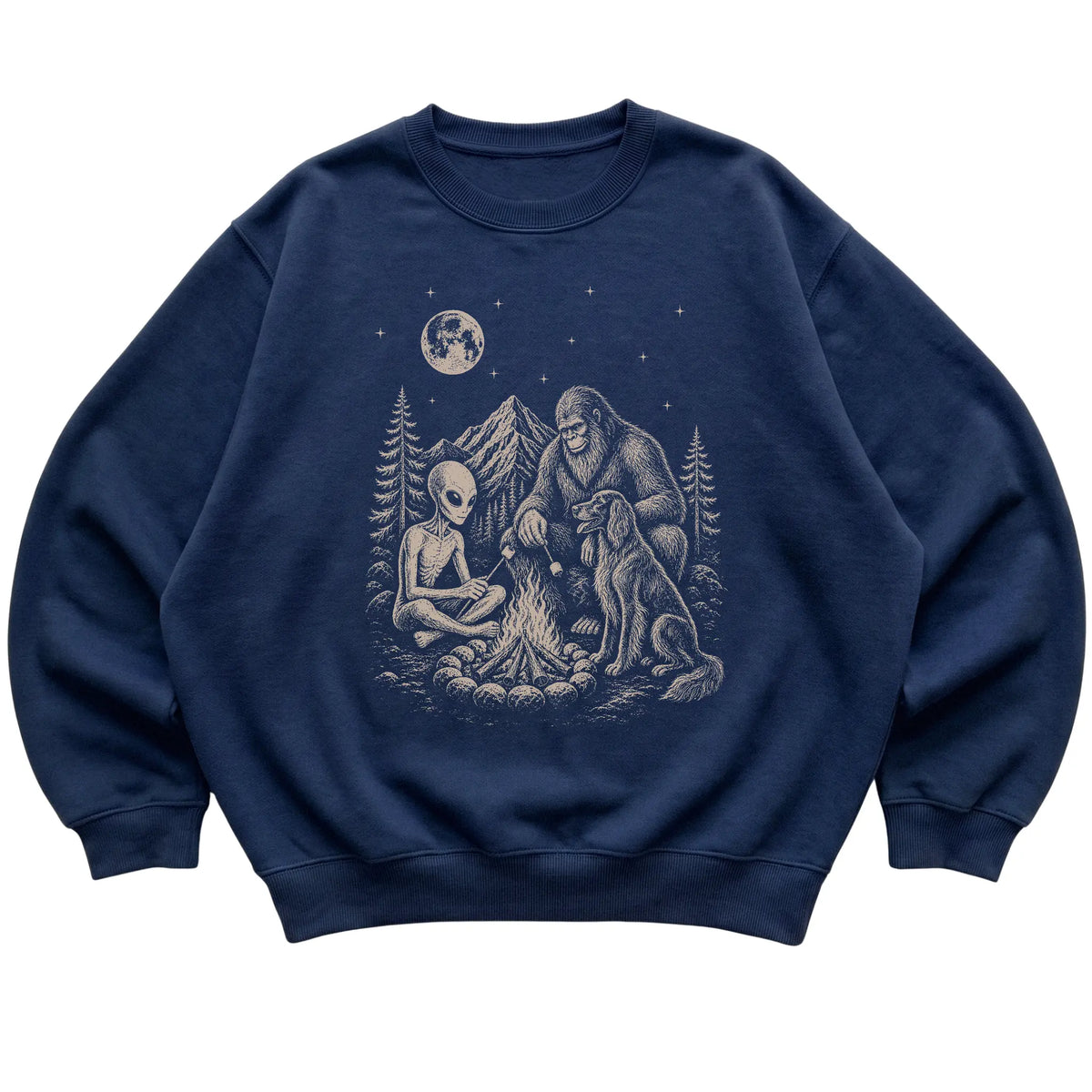 Navy Irish Setter Camping with Bigfoot and Alien shirt laid flat