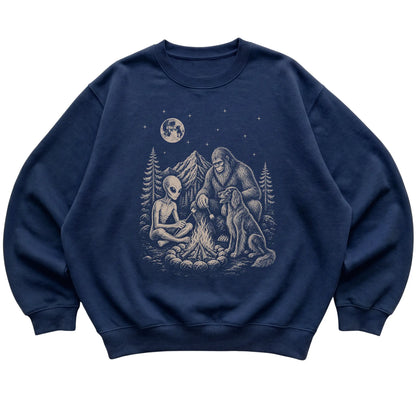 Navy Irish Setter Camping with Bigfoot and Alien shirt laid flat