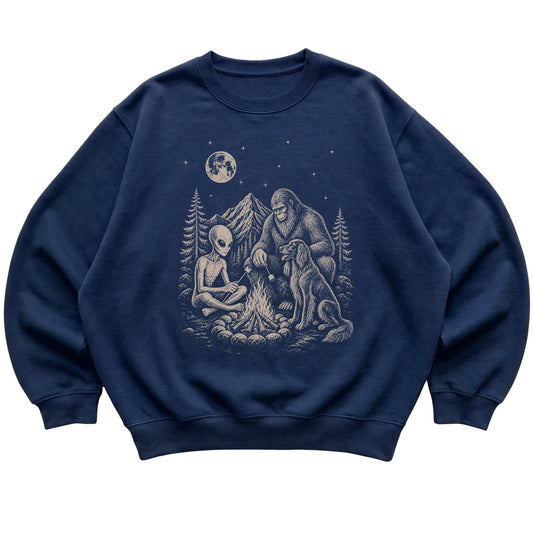 Navy Irish Setter Camping with Bigfoot and Alien shirt laid flat