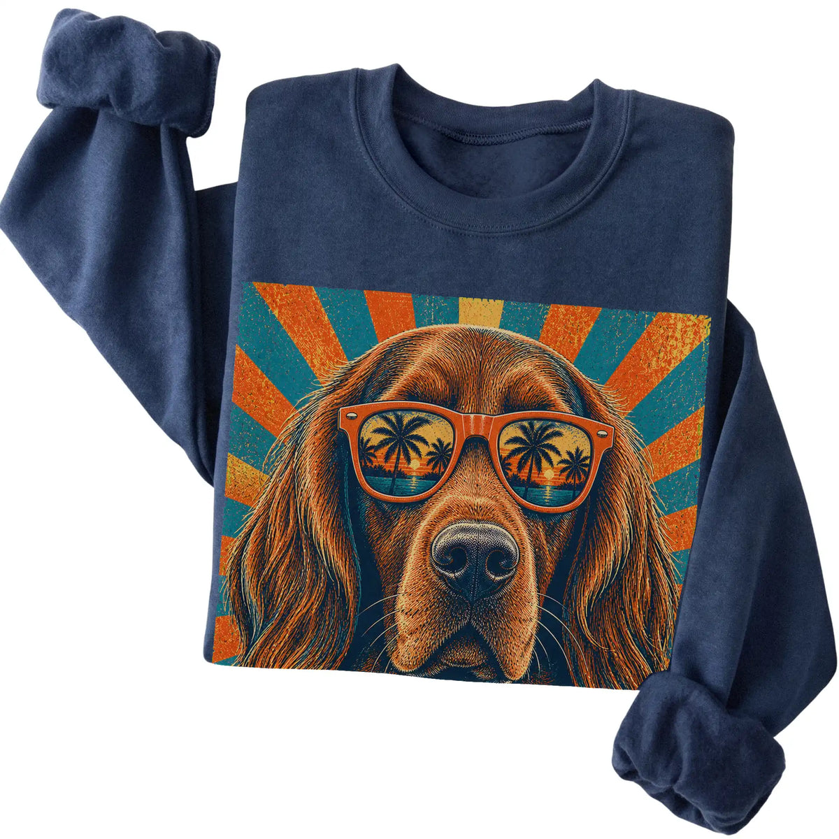 Folded Navy crewneck sweatshirt with a Retro Irish Setter Dad design