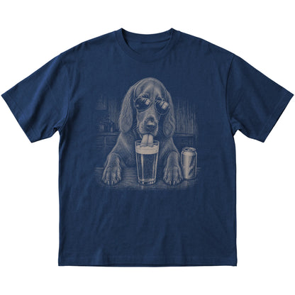 Navy Irish Setter drinking from a pint at a bar, laid flat