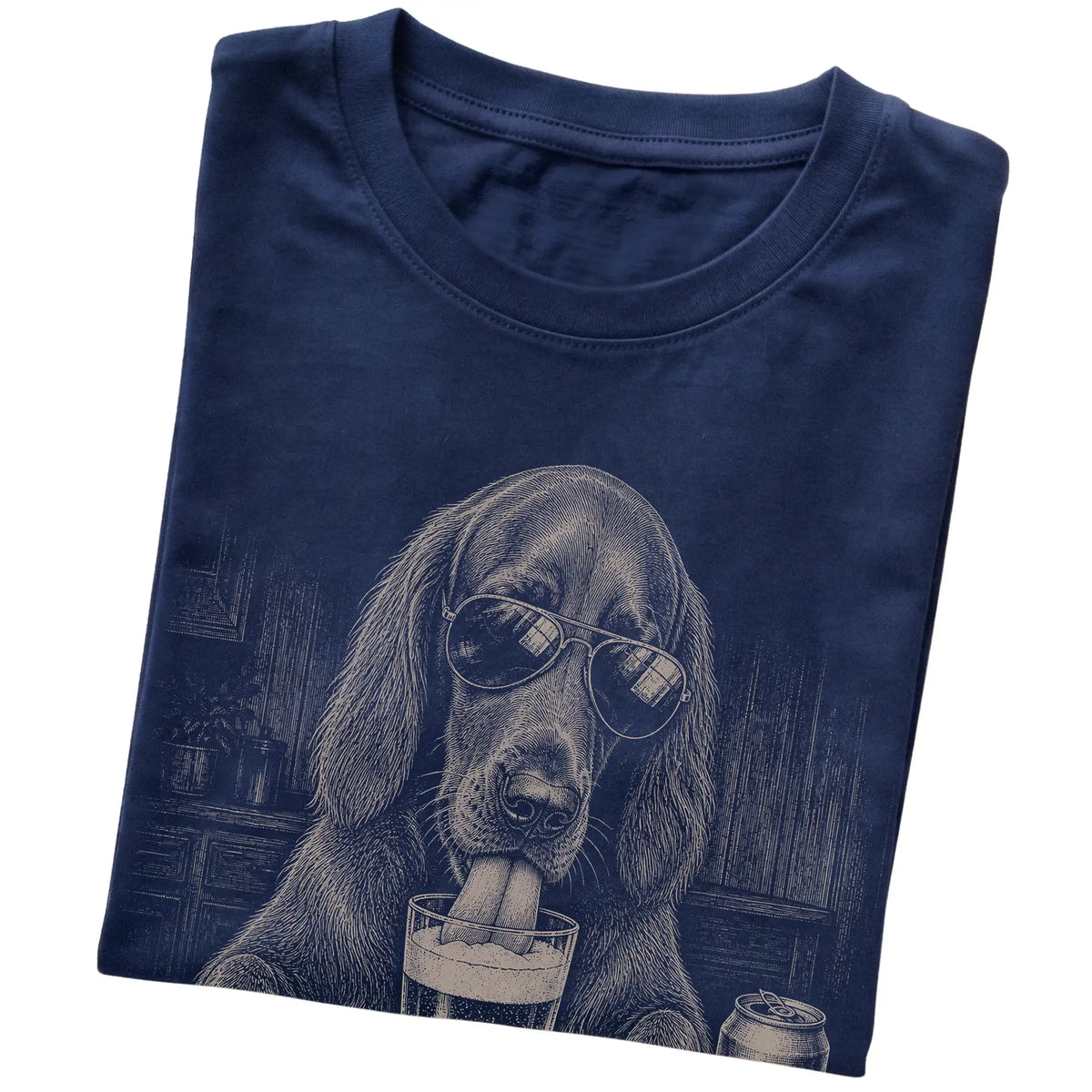 Navy Irish Setter drinking from a pint at a bar, folded detail view