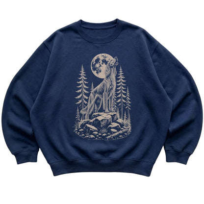 Close view of Irish Setter Howling at the Moon artwork on Navy crewneck sweatshirt