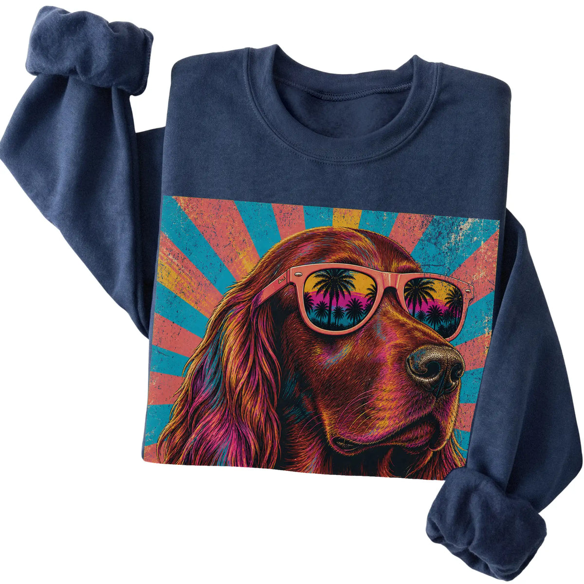 Folded Navy crewneck sweatshirt with a Retro Irish Setter Mama design