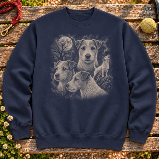Jack Russell 90s Moon design on a Navy crewneck sweatshirt shown flat