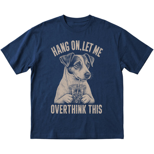 Navy T-shirt featuring Overthinking Jack Russell, laid-flat presentation