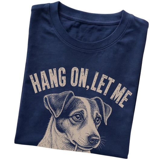 Navy T-shirt featuring Overthinking Jack Russell, folded presentation