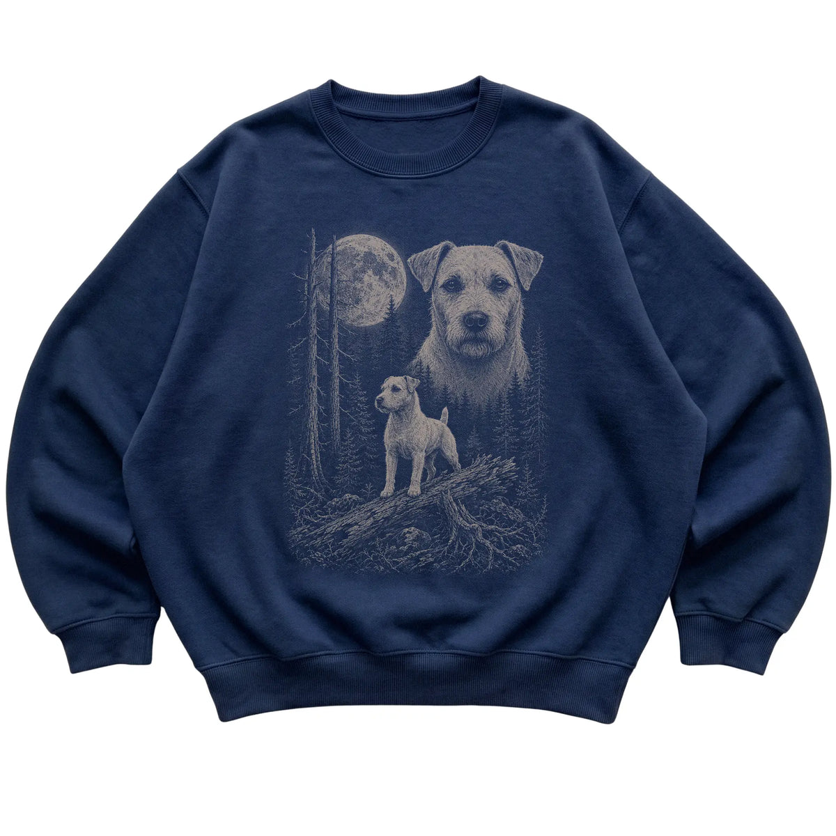 Jack Russell Moonlit Forest graphic on a navy crewneck sweatshirt laid flat