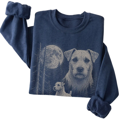 Folded navy crewneck sweatshirt showing the Jack Russell Moonlit Forest graphic