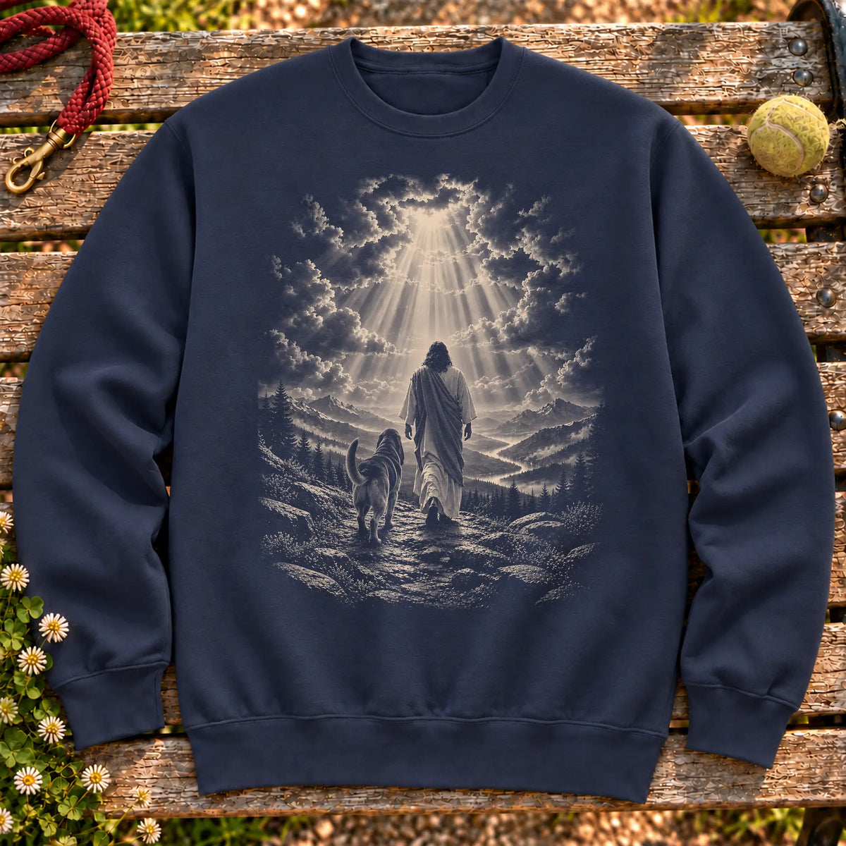 Navy crewneck sweatshirt showing Jesus walking beside a Bloodhound beneath rays of light